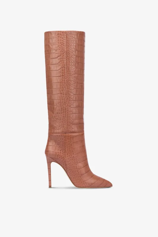 Pointed knee-high boots in Texas pink soft croco-embossed leather sold by Paris Texas