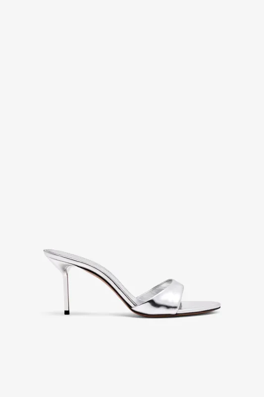 Silver mirrored leather mule sold by Paris Texas