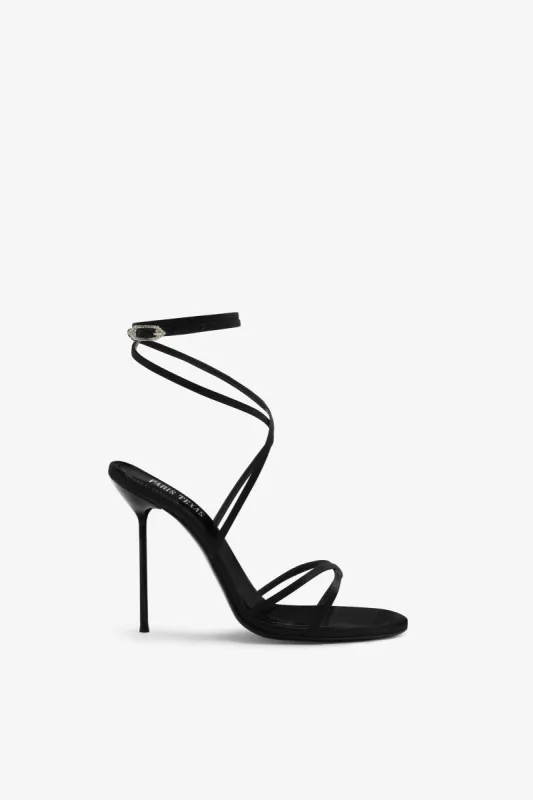 Lace-up satin sandal in black sold by Paris Texas