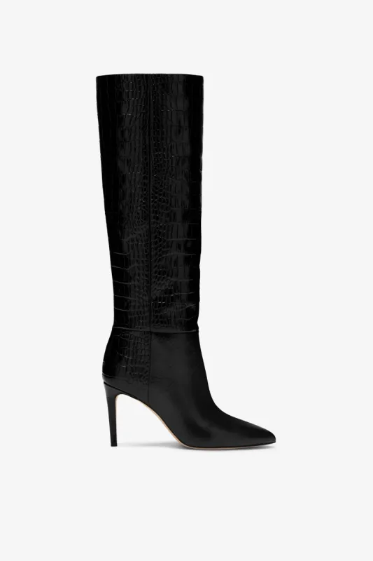 Black croc-effect leather heel 85 boots sold by Paris Texas