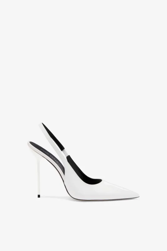 White patent leather slingbacks sold by Paris Texas