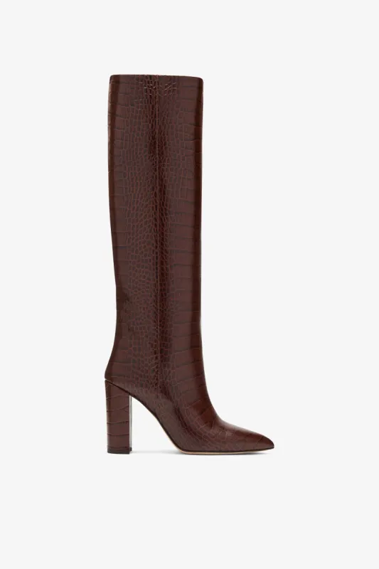 Chocolate brown croc-effect leather boots sold by Paris Texas
