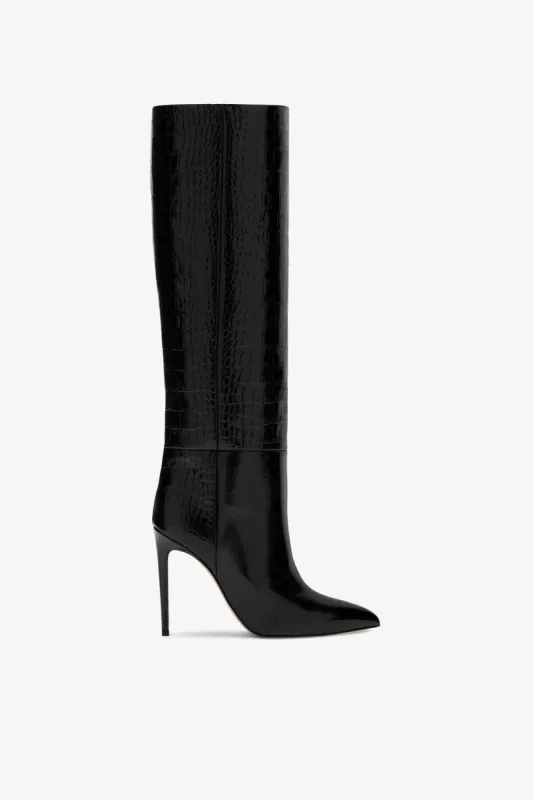 Black croc-effect leather stiletto boots sold by Paris Texas