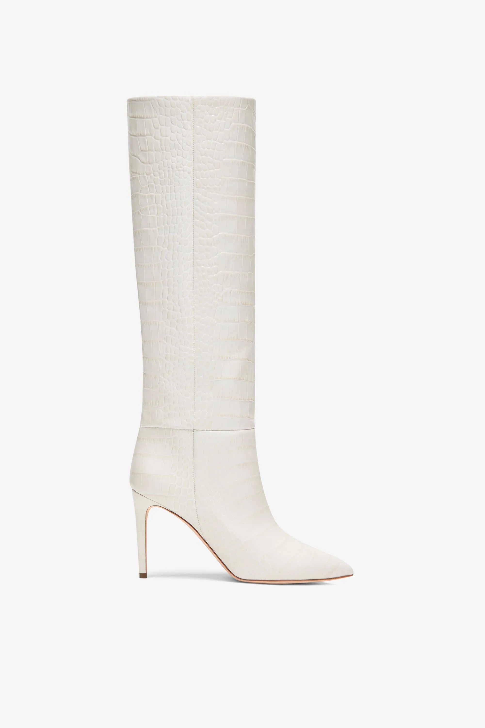 White croc-effect leather heel 85 boots sold by Paris Texas