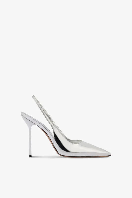 Slingbacks in silver mirror-effect leather sold by Paris Texas