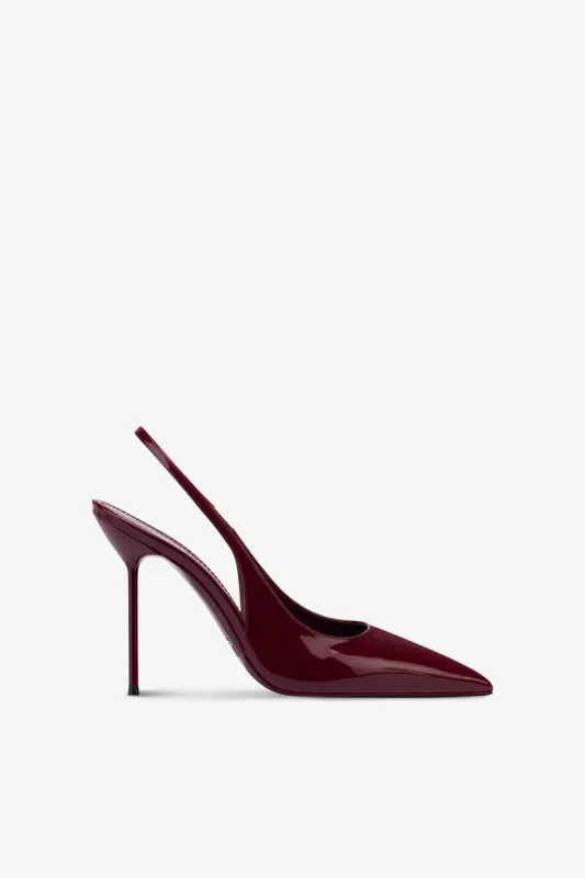 Slingbacks in maroon mirror-effect leather sold by Paris Texas