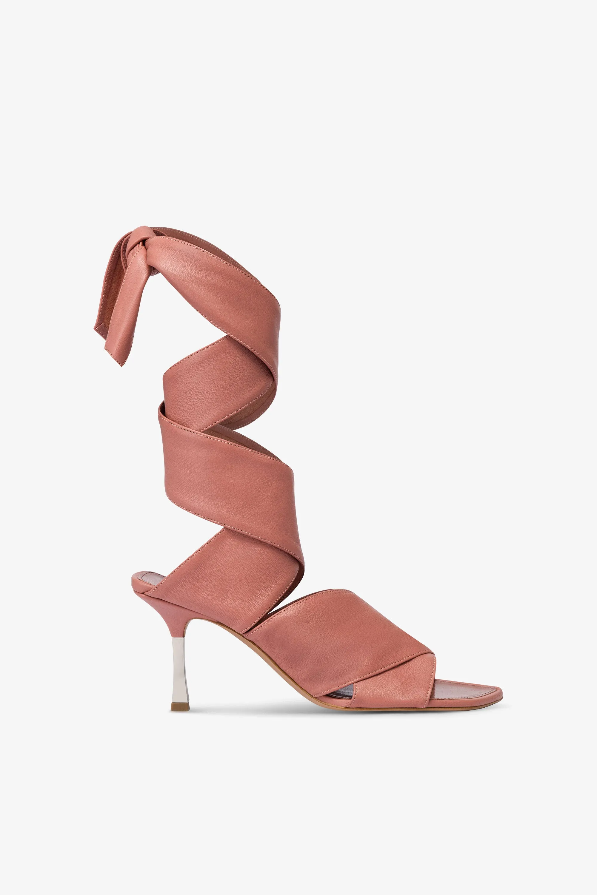 Wrap-around sandals in Texas rose leather sold by Paris Texas