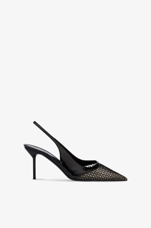 Slingbacks in black mesh and patent leather sold by Paris Texas