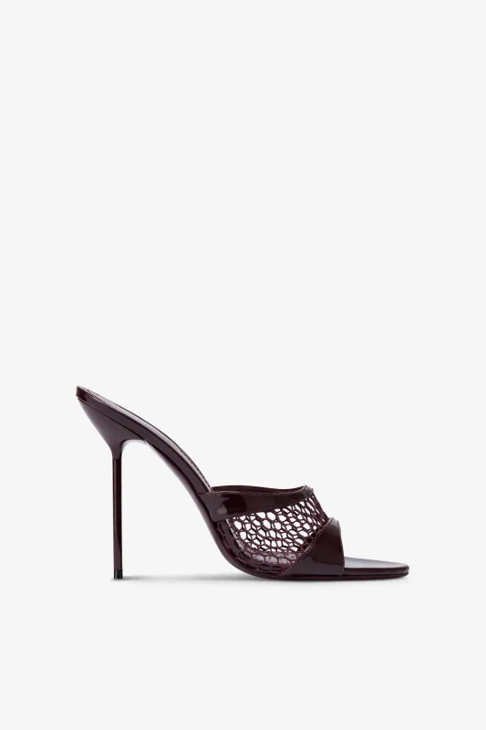 Mules in rouge noir mesh and patent leather sold by Paris Texas