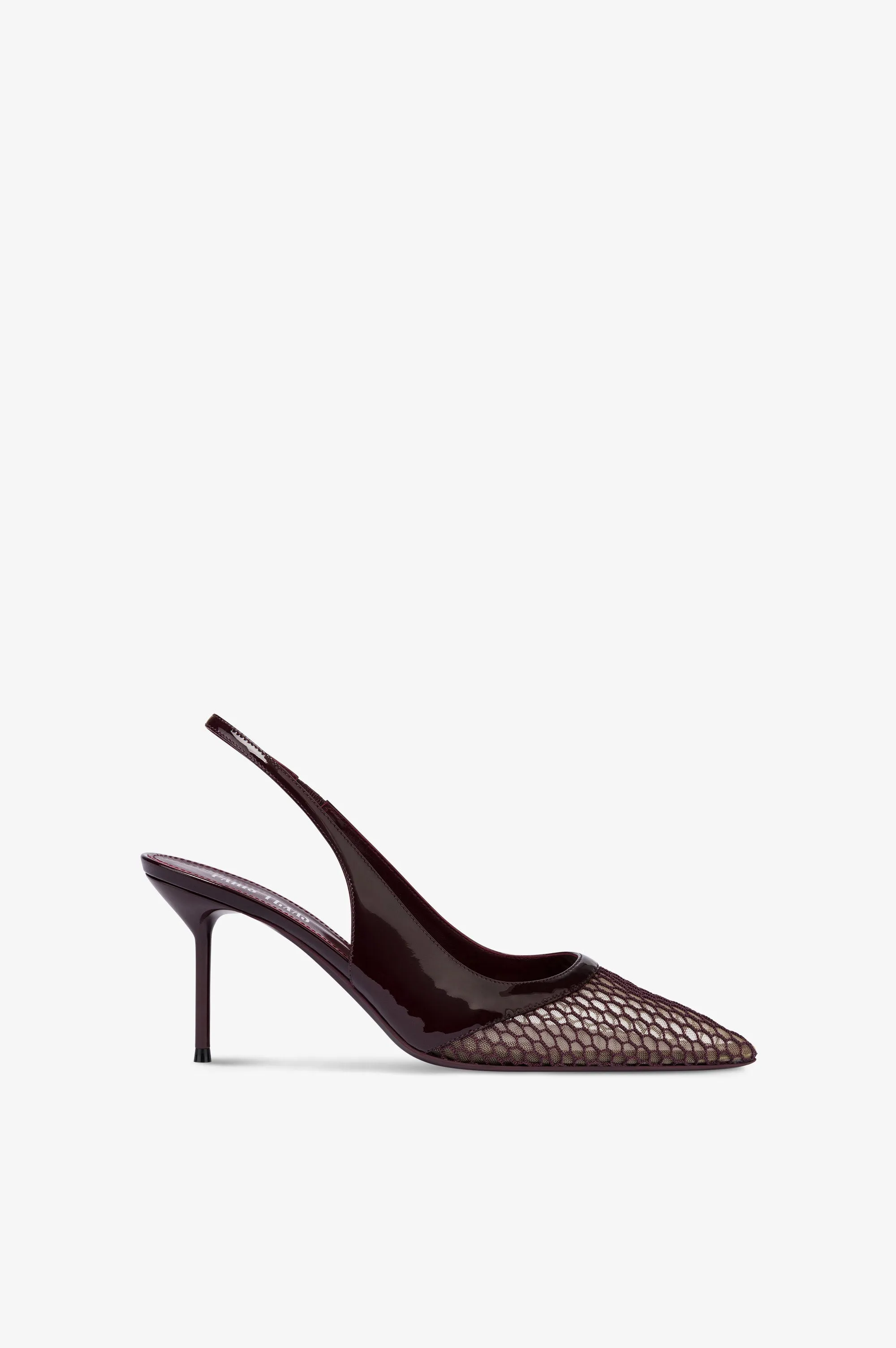 Slingbacks in rouge noir mesh and patent leather sold by Paris Texas