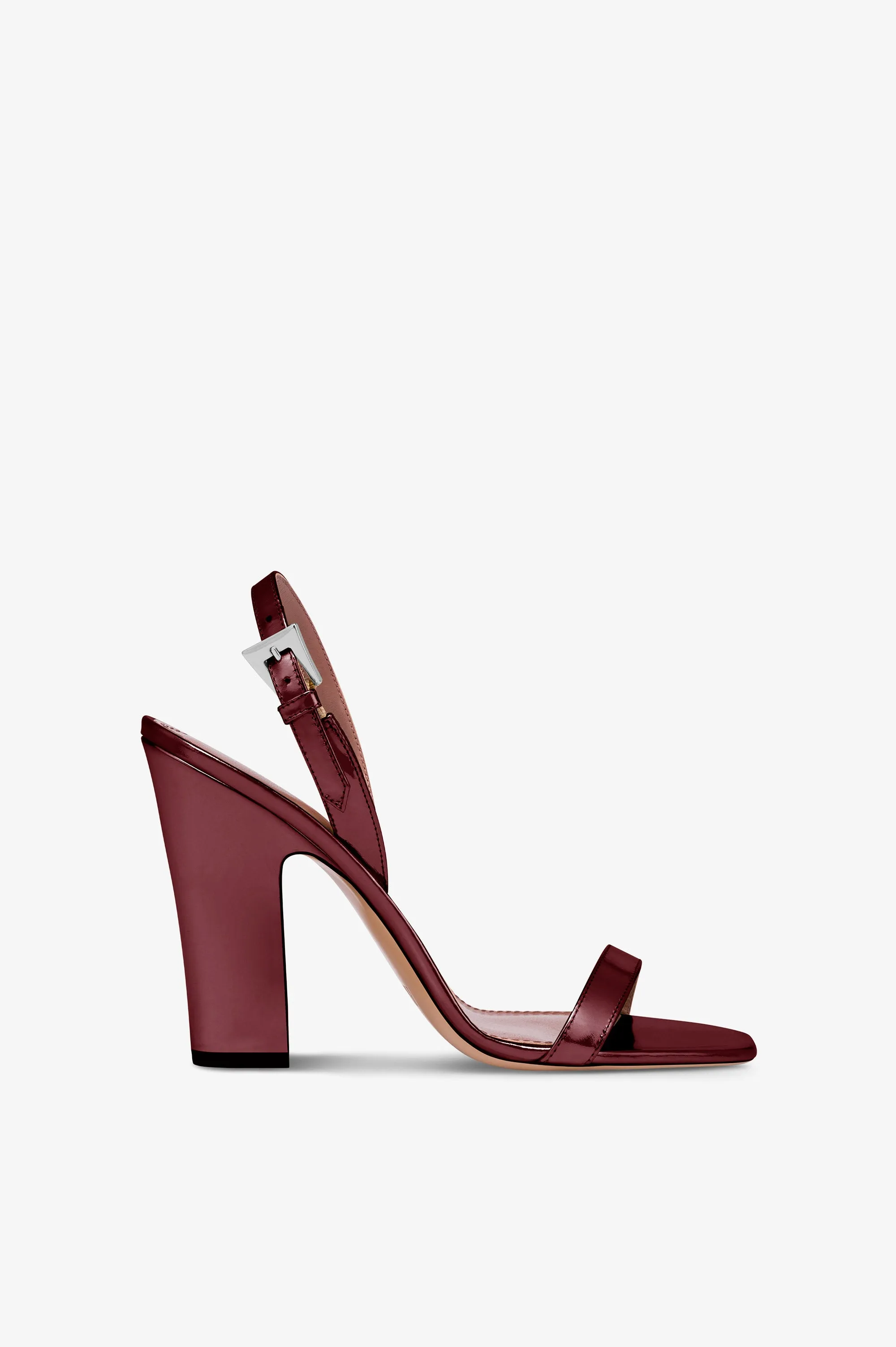 Slingbacks in wine-colored mirror-effect leather sold by Paris Texas
