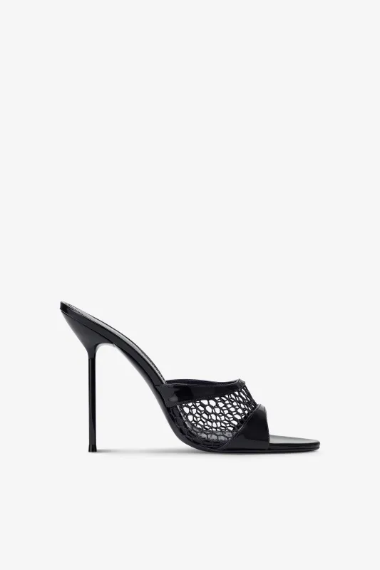 Mules in black mesh and patent leather sold by Paris Texas