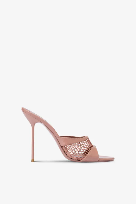Mules in Texas rose and dark phard mesh and patent leather sold by Paris Texas