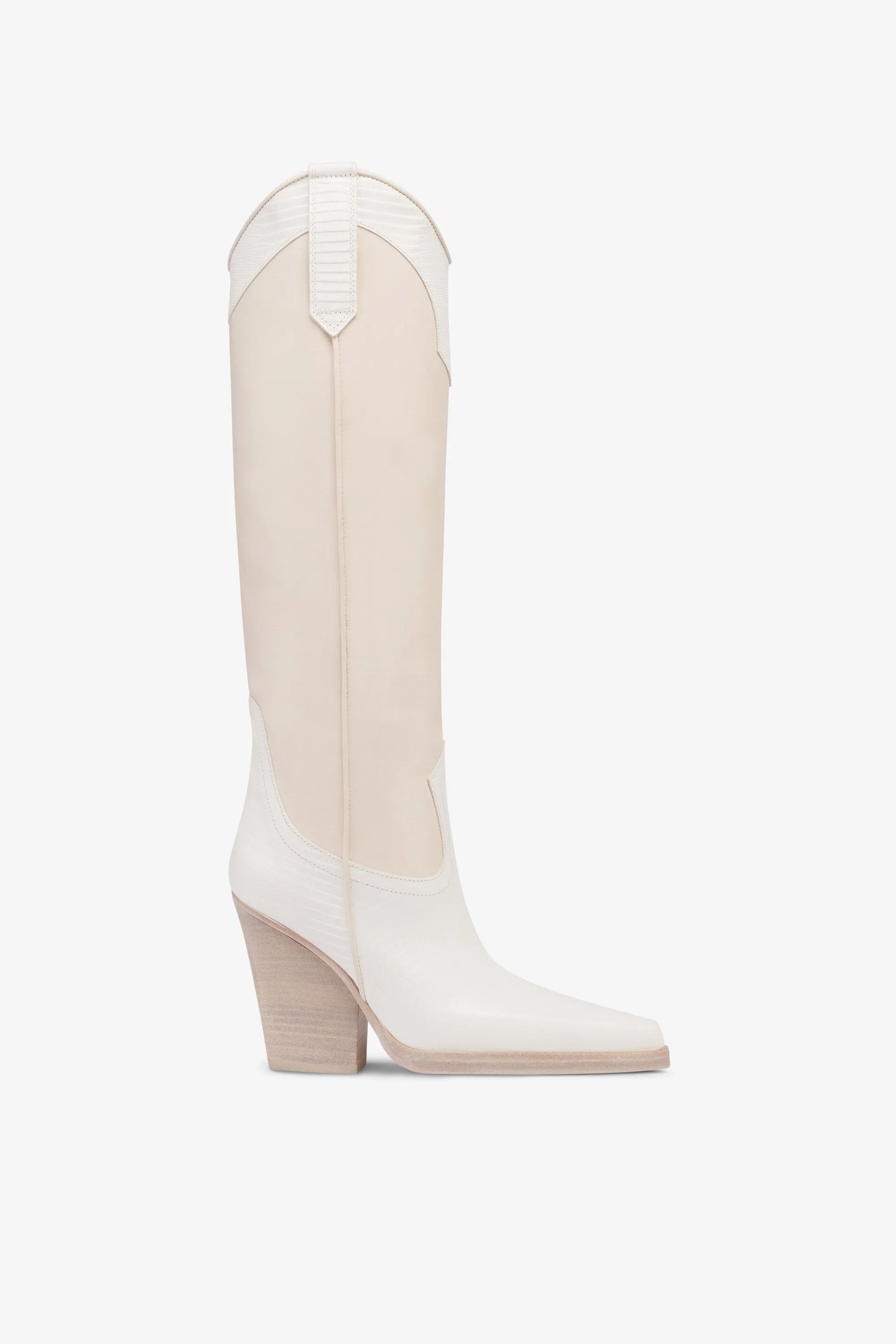 Boots in lizard-print and white leather sold by Paris Texas