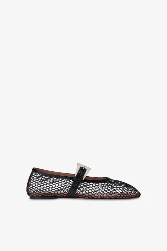 Ballet flats in black mesh and croco-embossed leather sold by Paris Texas