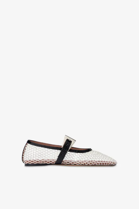 Ballet flats in white mesh and black croco-embossed leather sold by Paris Texas