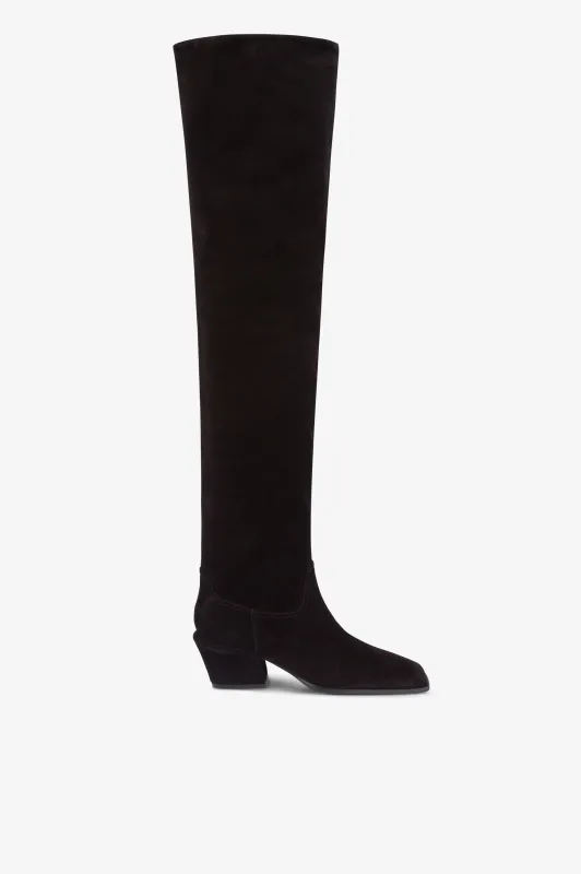 Over-the-knee boots in black calf suede leather sold by Paris Texas