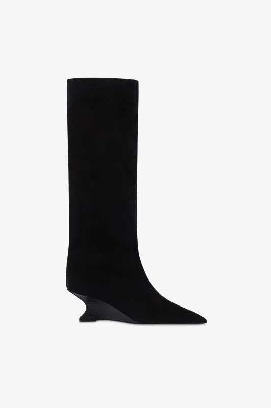 Boots in black calf suede leather with lizard print leather heel sold by Paris Texas