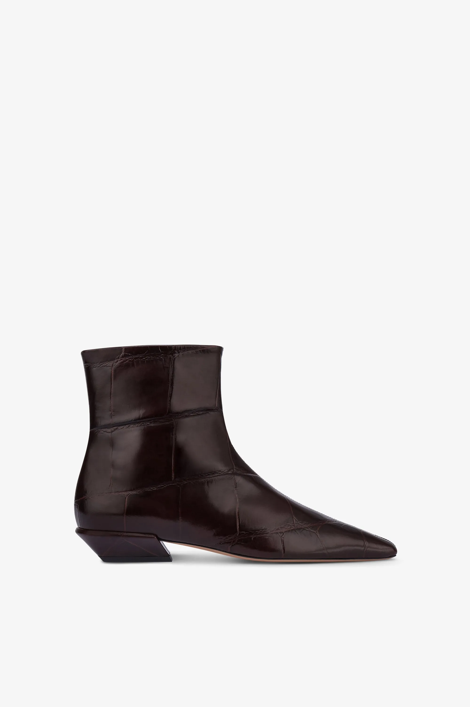 Ankle boots in rouge noir croco-embossed leather sold by Paris Texas