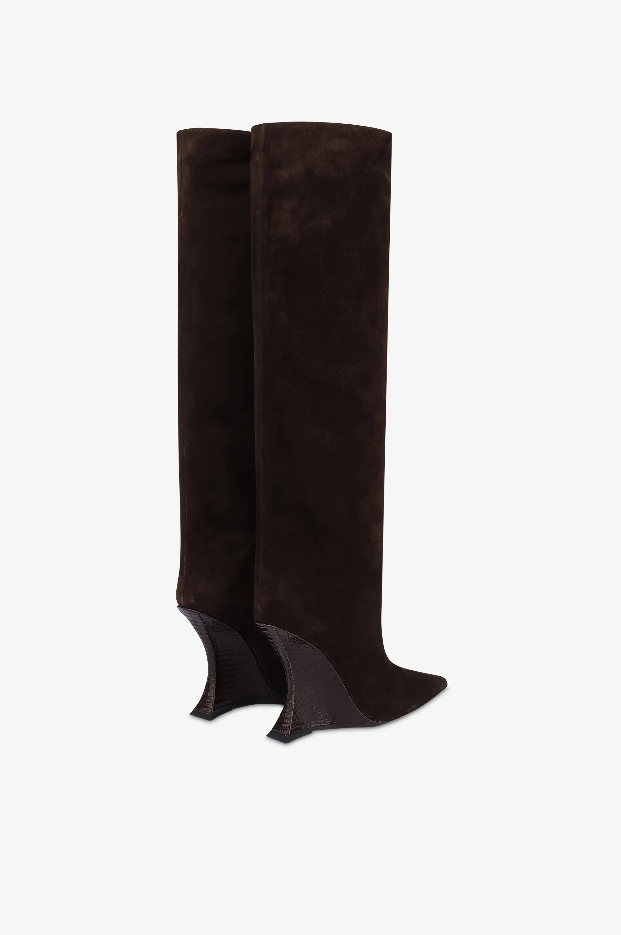 Boots in chocolate calf suede leather with lizard print leather heel sold by Paris Texas product image thumbnail 3