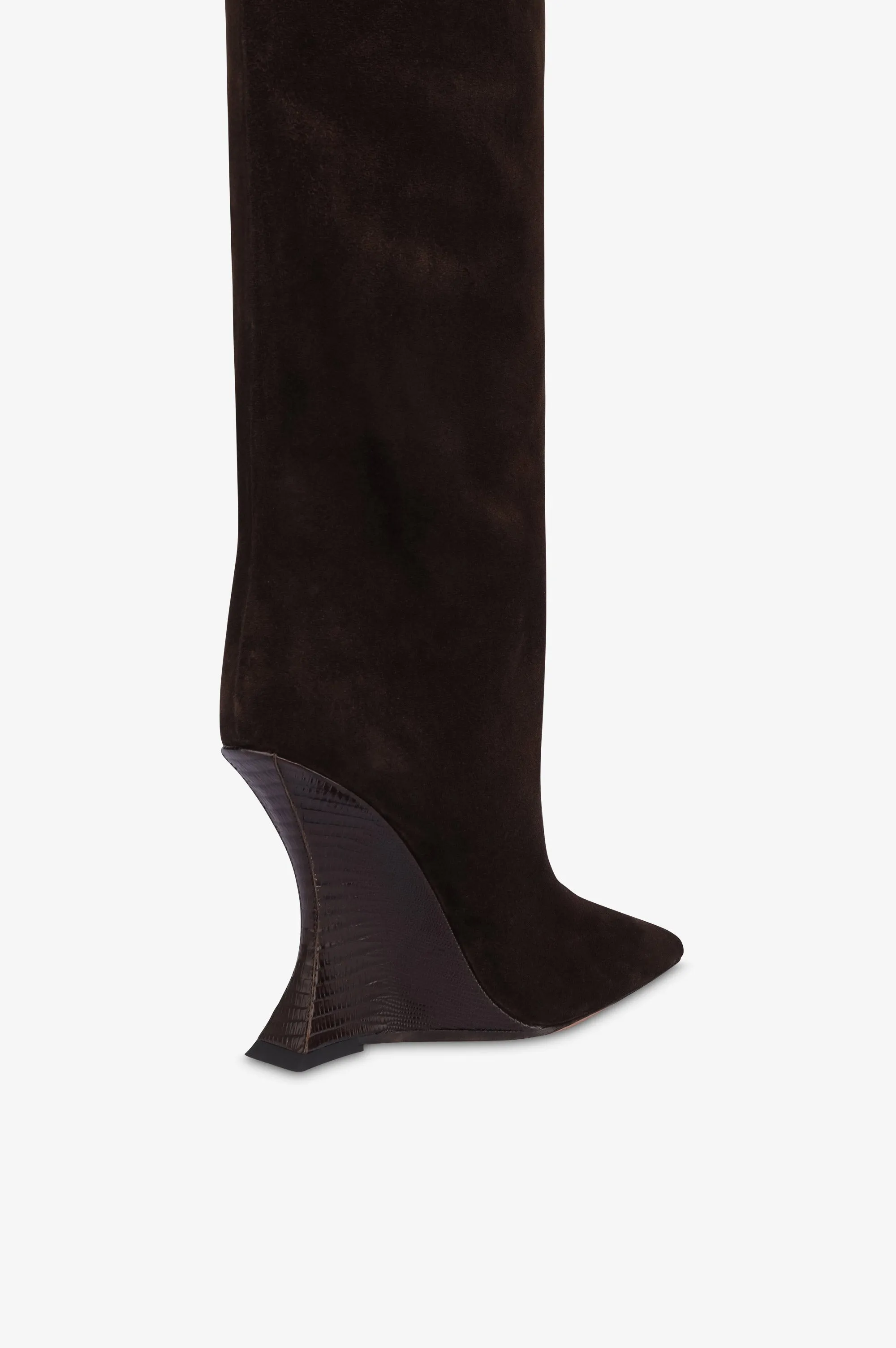 Boots in chocolate calf suede leather with lizard print leather heel sold by Paris Texas product image thumbnail 5