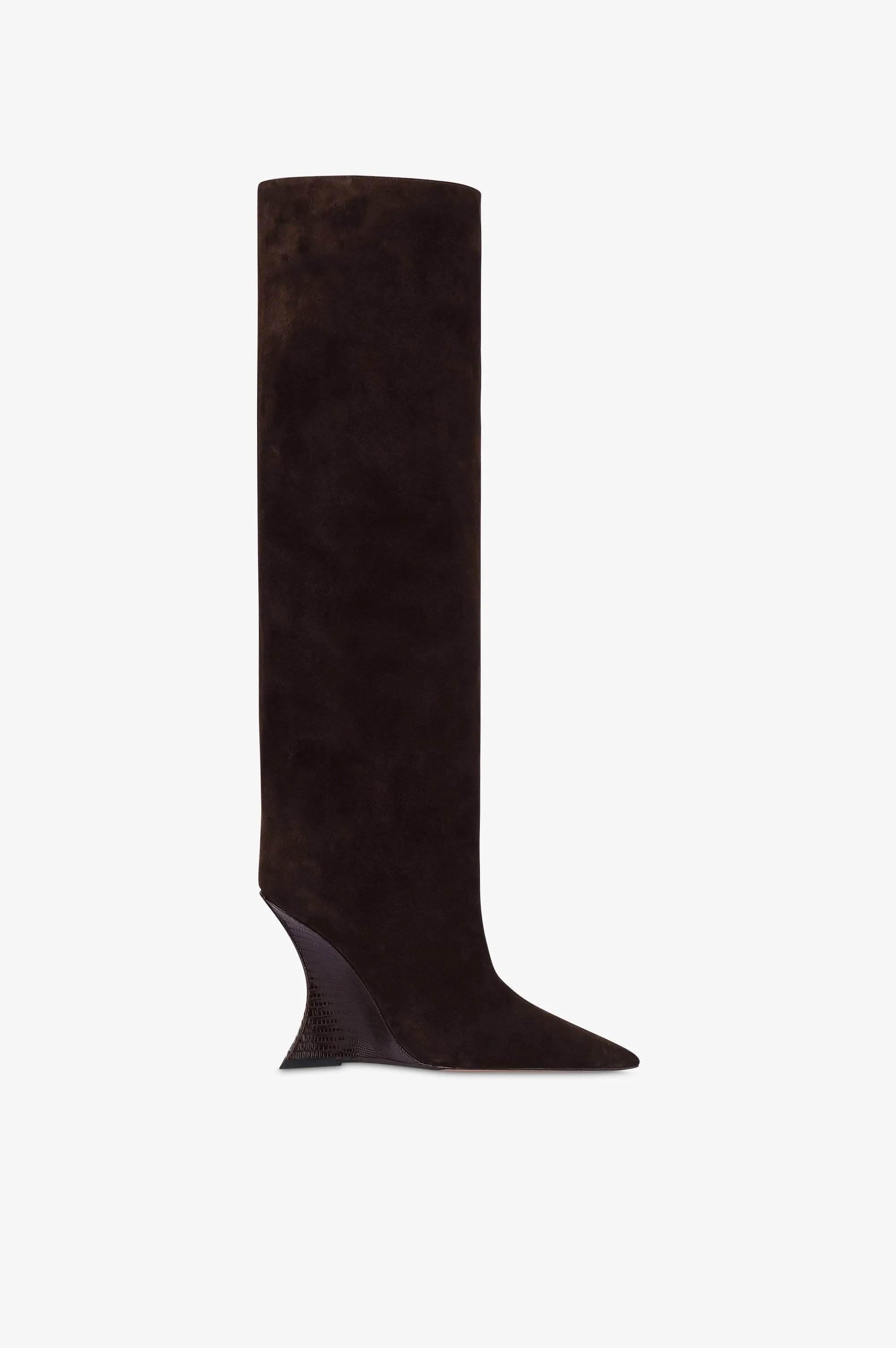 Boots in chocolate calf suede leather with lizard print leather heel sold by Paris Texas