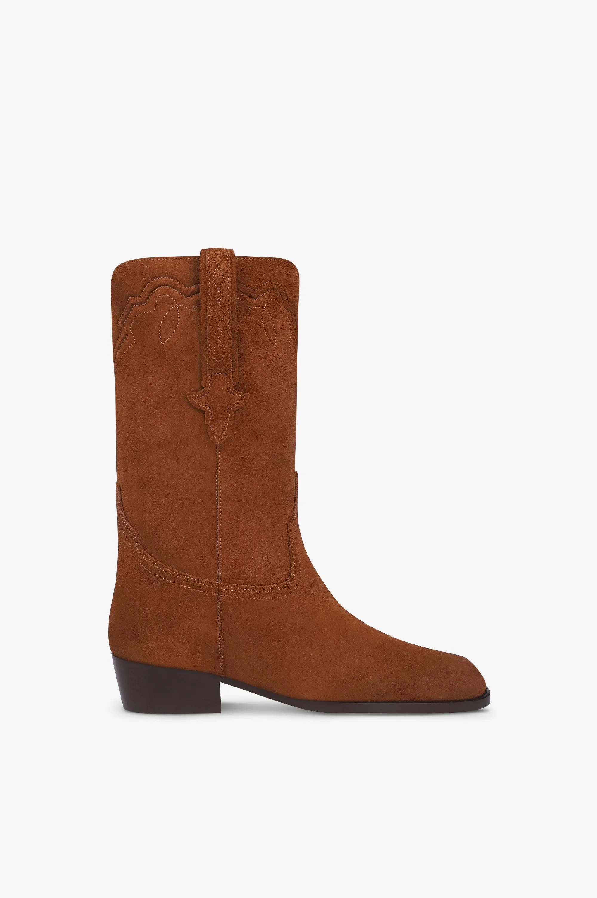 Boots in cognac calf suede leather sold by Paris Texas