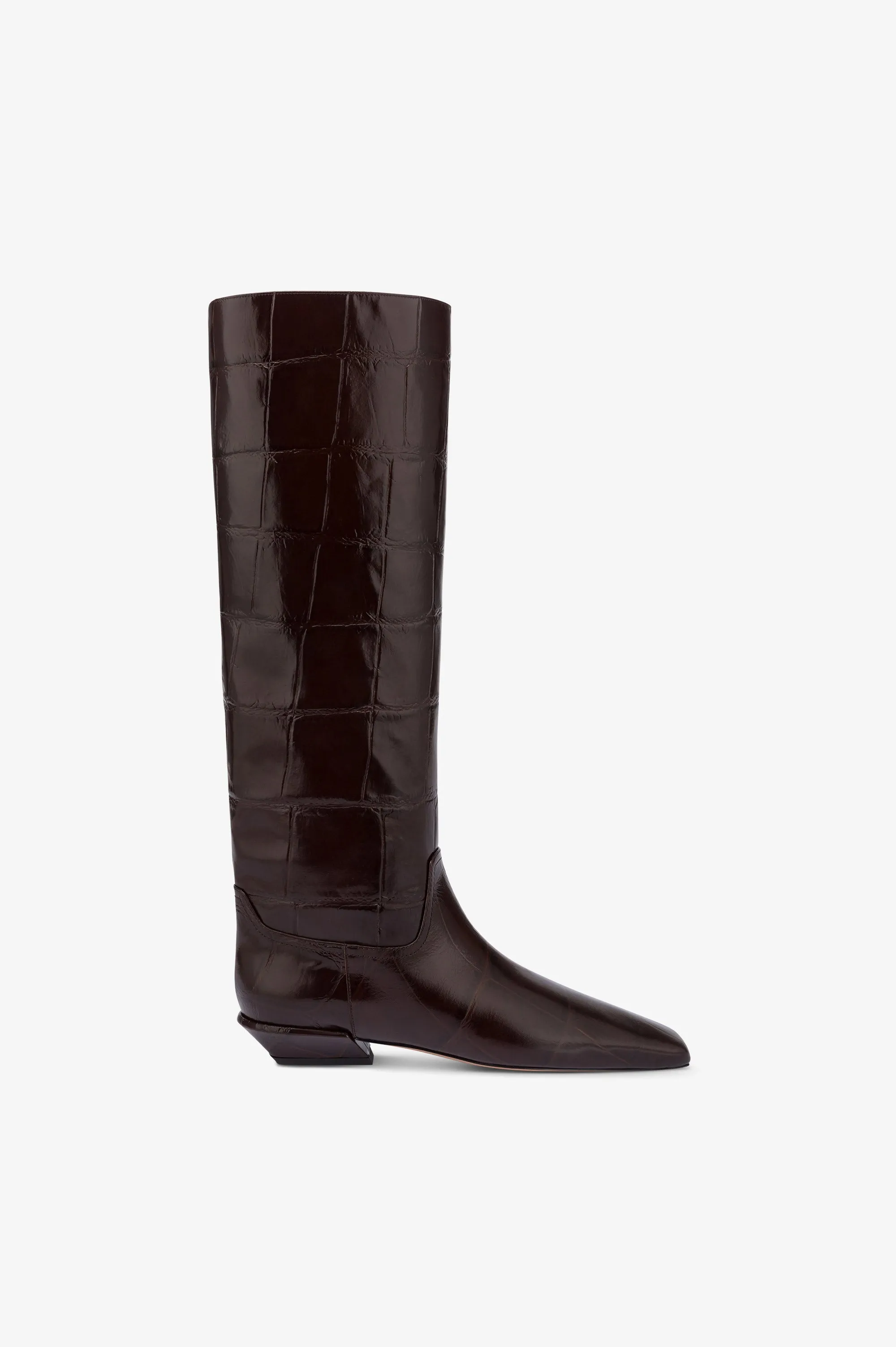Boots in ebony croco-embossed leather sold by Paris Texas