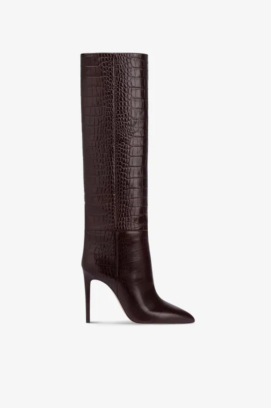 Boots in rouge noir croco-embossed leather sold by Paris Texas