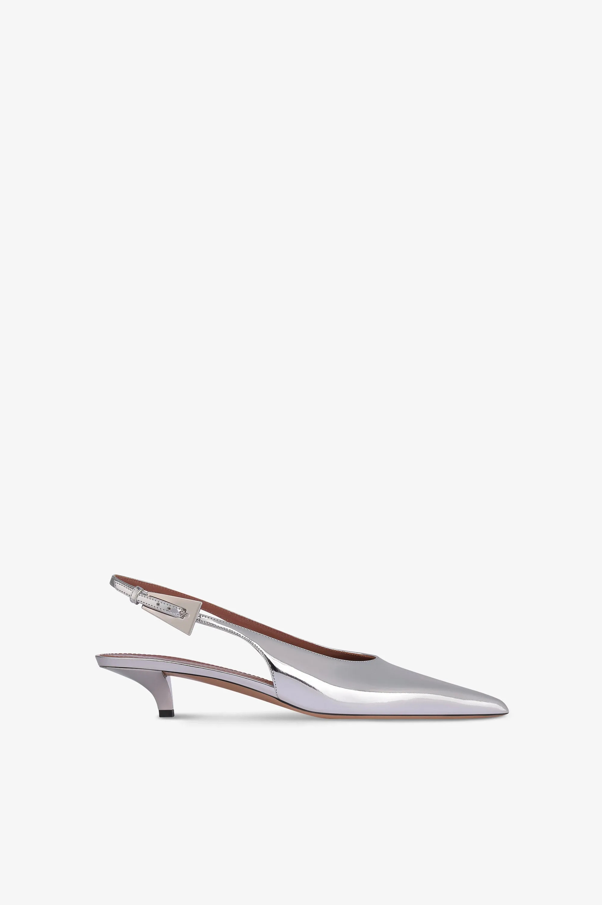 Slingbacks in silver mirror-effect leather sold by Paris Texas