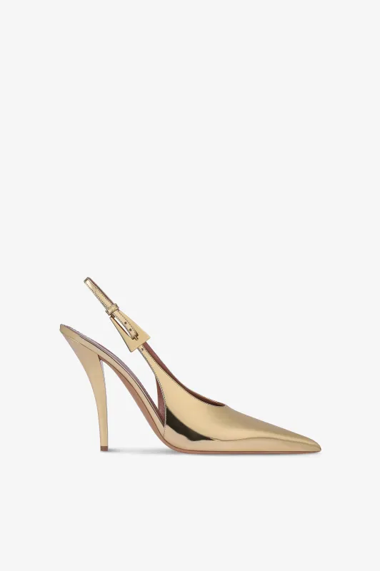 Slingbacks in gold mirror-effect leather sold by Paris Texas