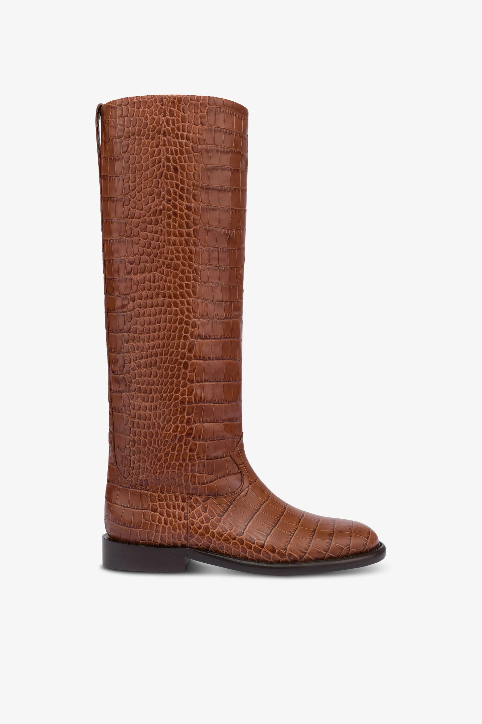 Boots in chocolate croco-embossed leather sold by Paris Texas