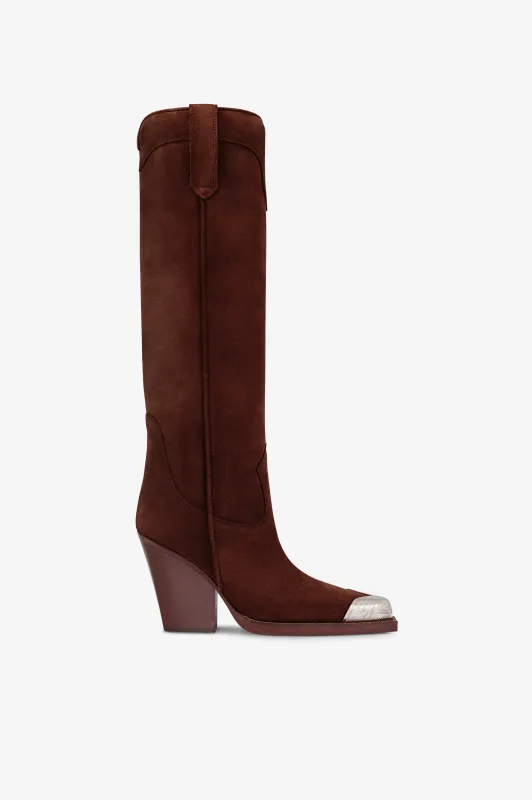 Texan boots in mahogany calf suede leather sold by Paris Texas