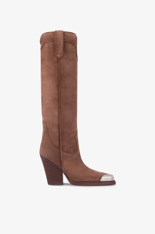 Texan boots in chocolate calf suede leather sold by Paris Texas