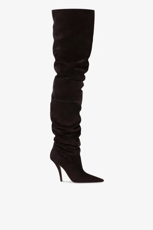 Over-the-knee boots in ebony suede leather. sold by Paris Texas