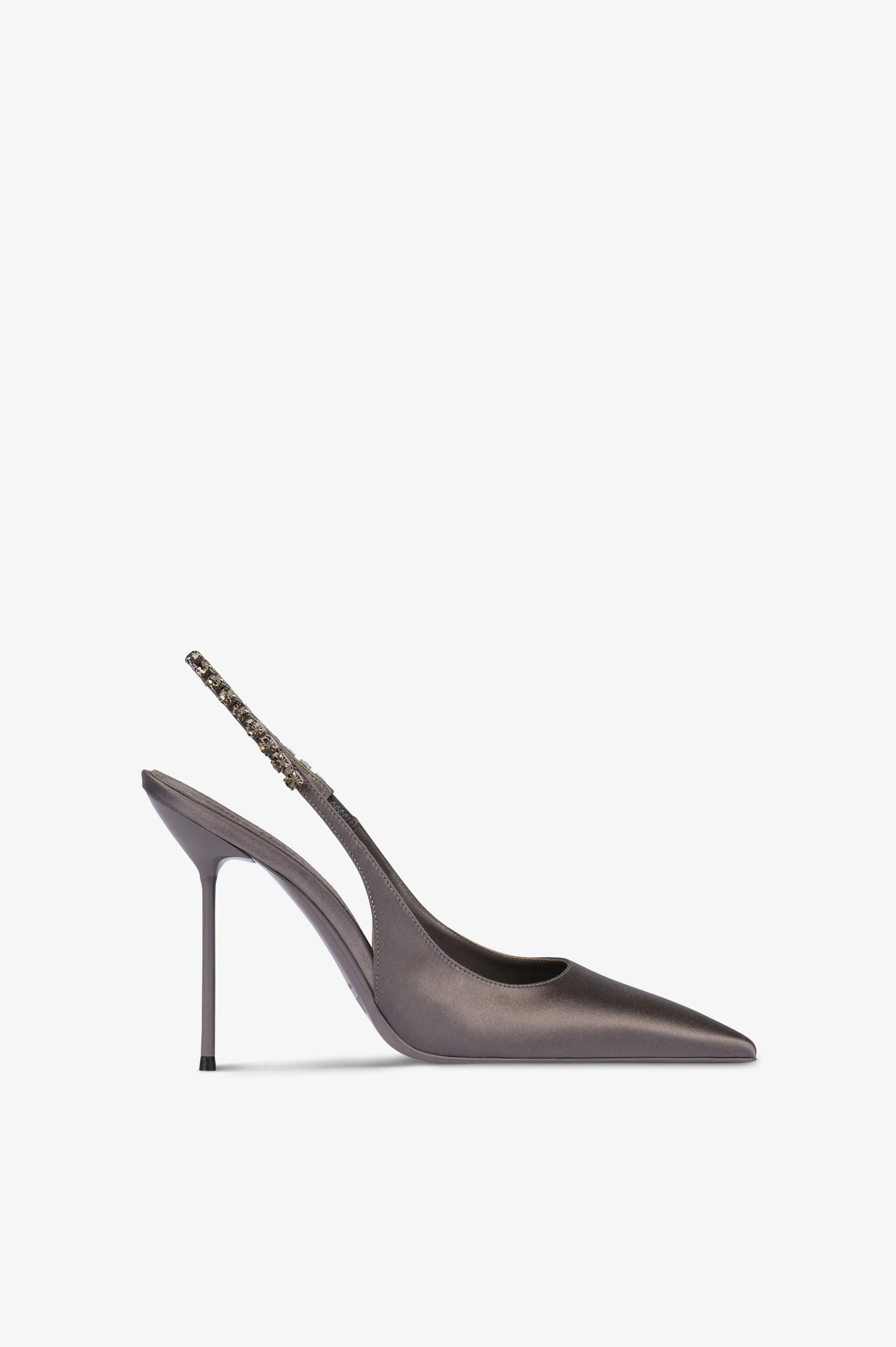 Slingbacks in grey satin with stud detailing. sold by Paris Texas
