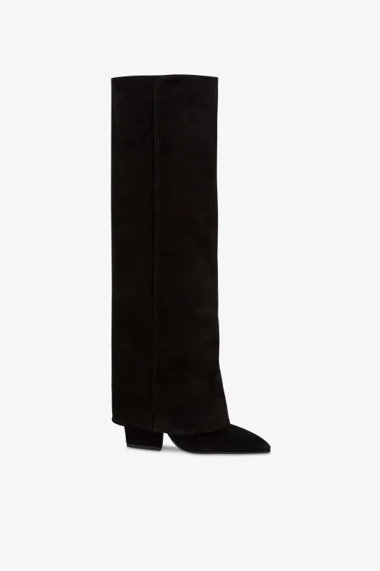Fold-over boots in black calf suede leather. sold by Paris Texas