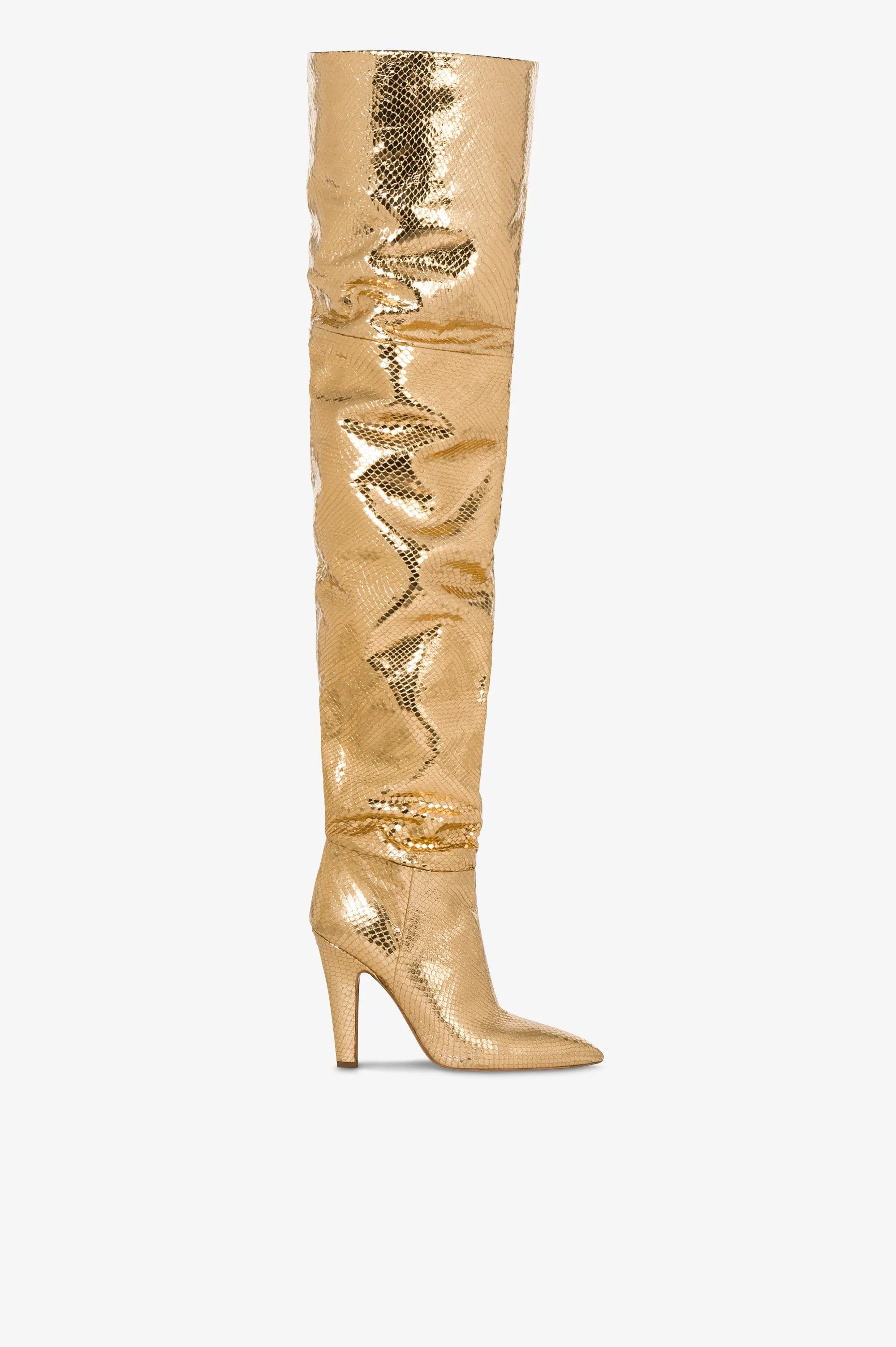 Over-the-knee boots in gold, metallic-effect printed python leather. sold by Paris Texas