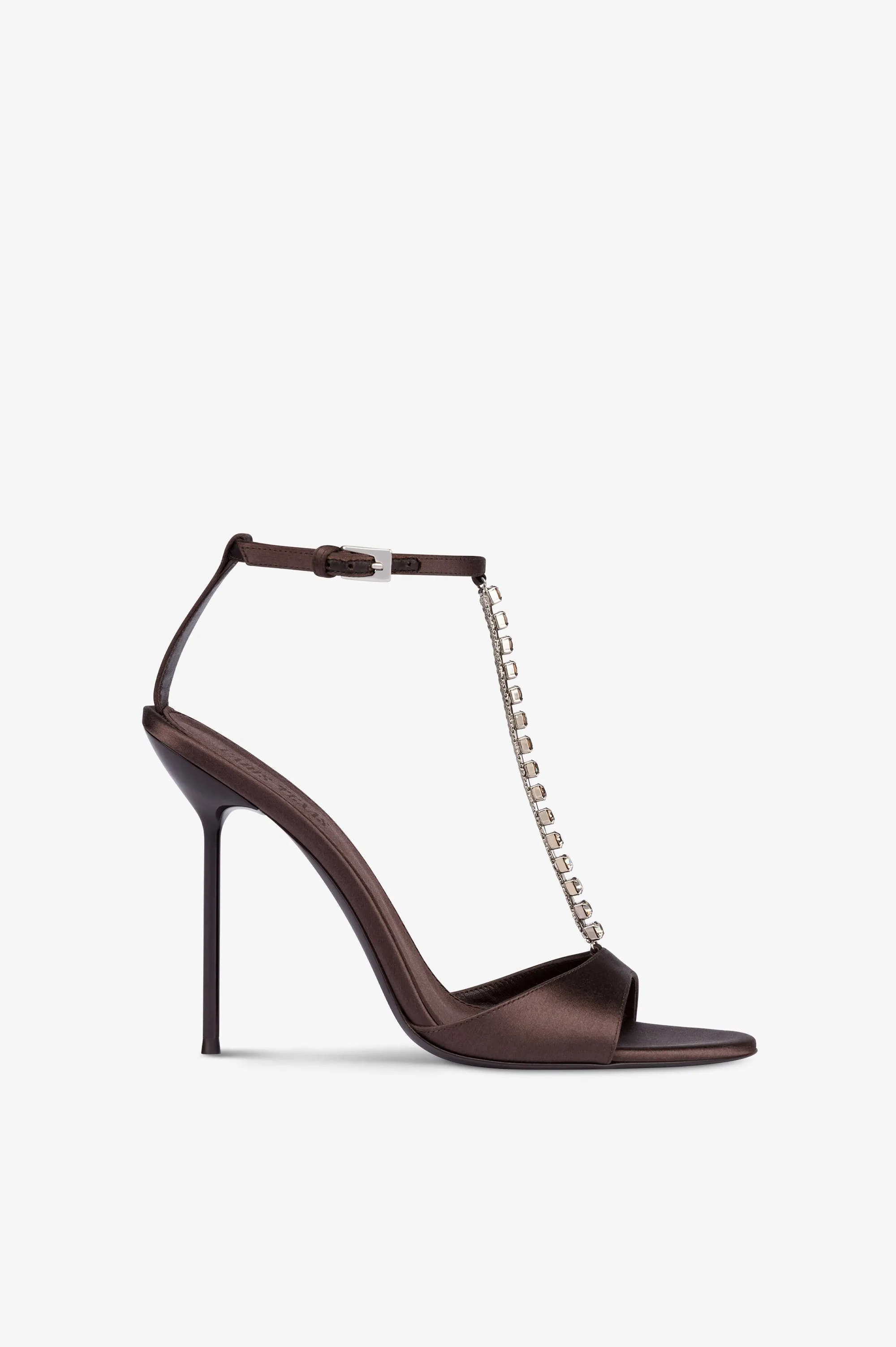 T-strap sandals in ebony satin with stud detailing. sold by Paris Texas