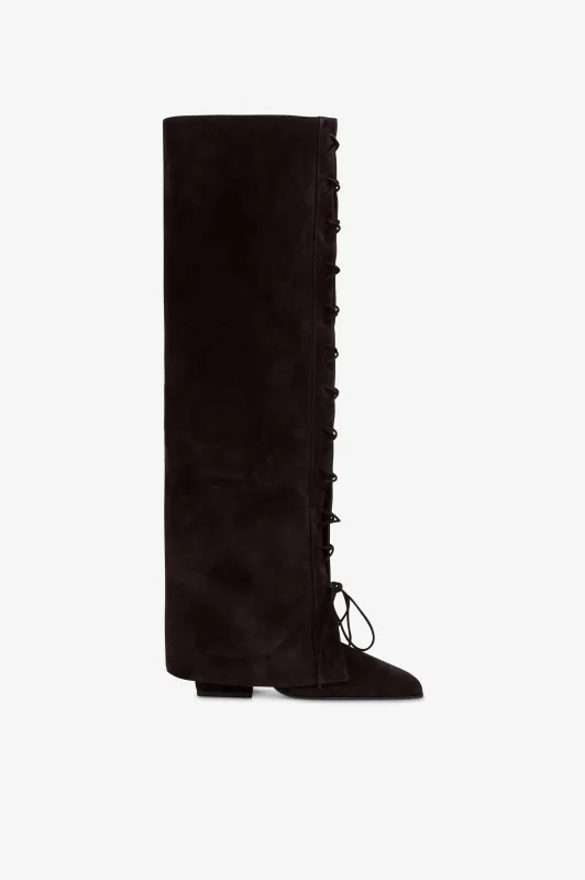 Fold-over boots in ebony calf suede. sold by Paris Texas