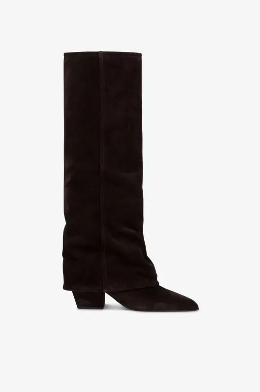 Fold-over boots in ebony calf suede leather. sold by Paris Texas