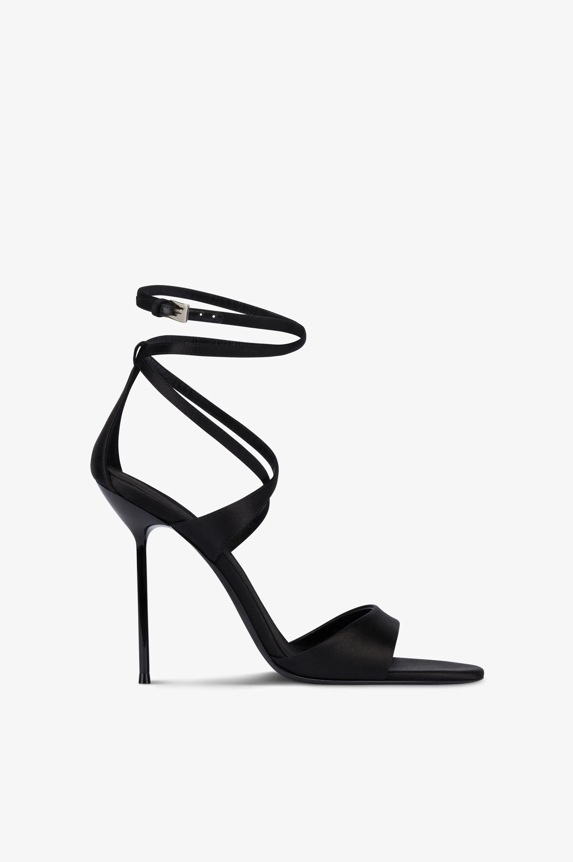 Ankle-strap sandals in black satin sold by Paris Texas
