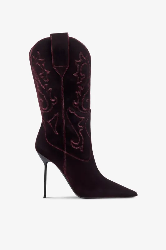 Boots in pinot noir velvet. sold by Paris Texas