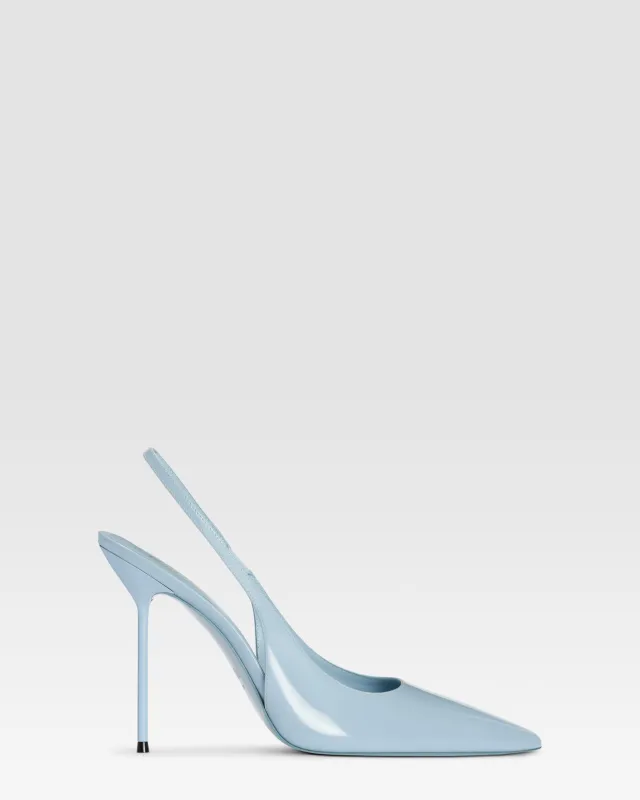 Slingbacks in denim-colored patent leather sold by Paris Texas