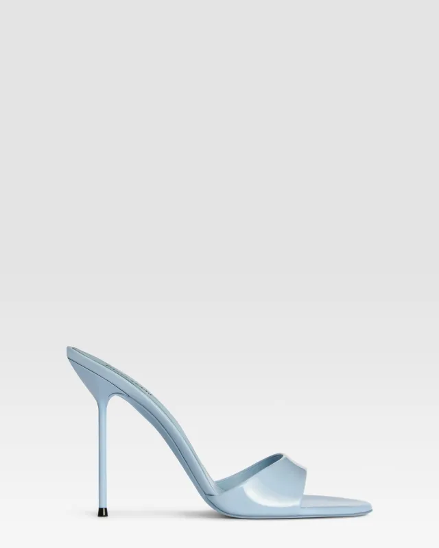 Mules in denim-colored patent leather made by Paris Texas