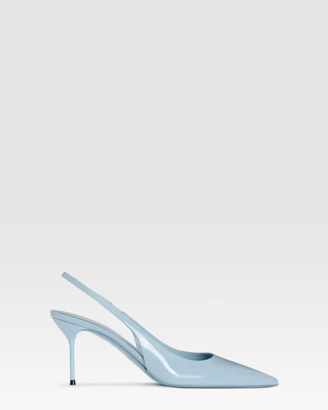 Slingbacks in denim-colored patent leather sold by Paris Texas