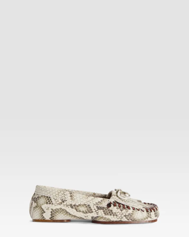 Loafers in natural printed python leather sold by Paris Texas