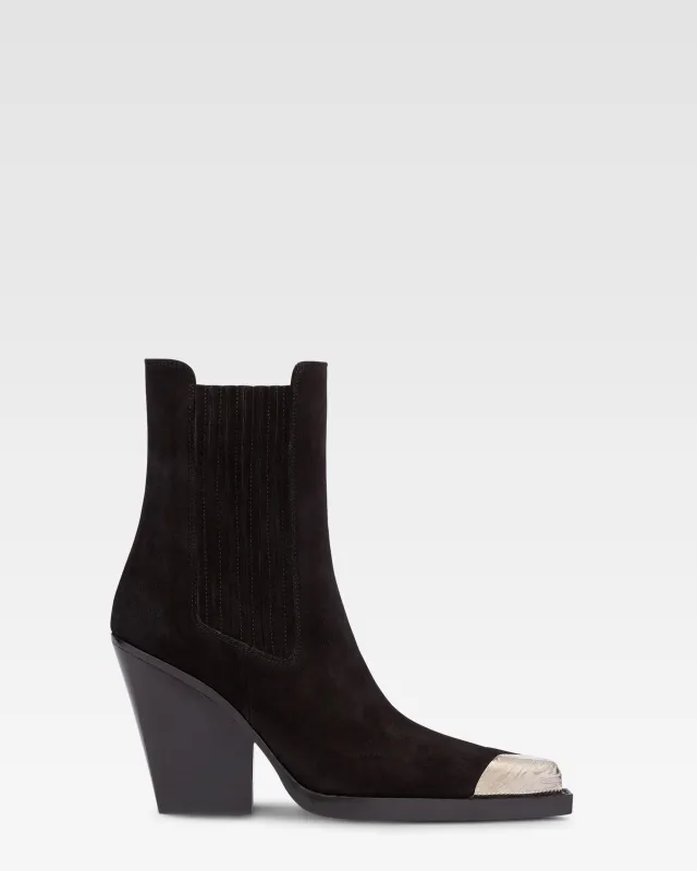Pointed ankle boots in smooth off-black suede leather sold by Paris Texas