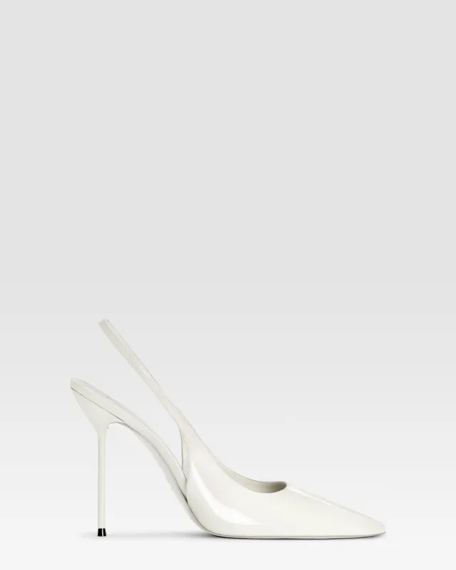 Slingbacks in optic white patent leather sold by Paris Texas