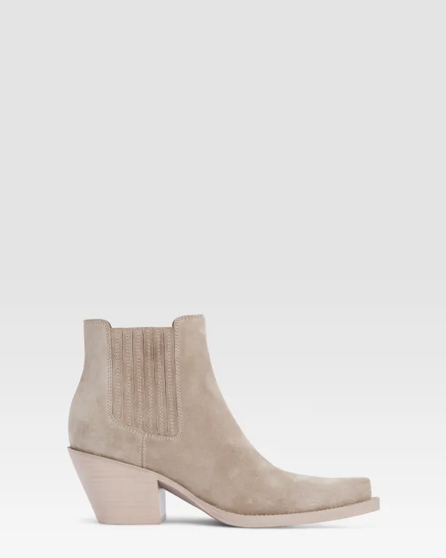Texan ankle boots in stone calf suede leather sold by Paris Texas